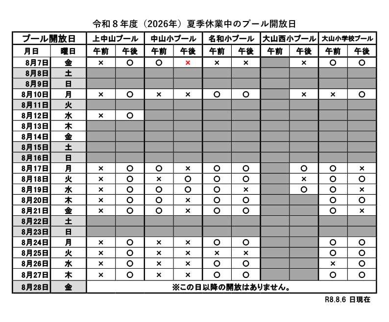 令和8年度（2026年）夏季休業中のプール開放日.